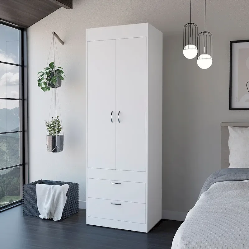 18.9 Modern Double-door Armoire with Two Bottom Drawers and Hanging Rod for Bedroom