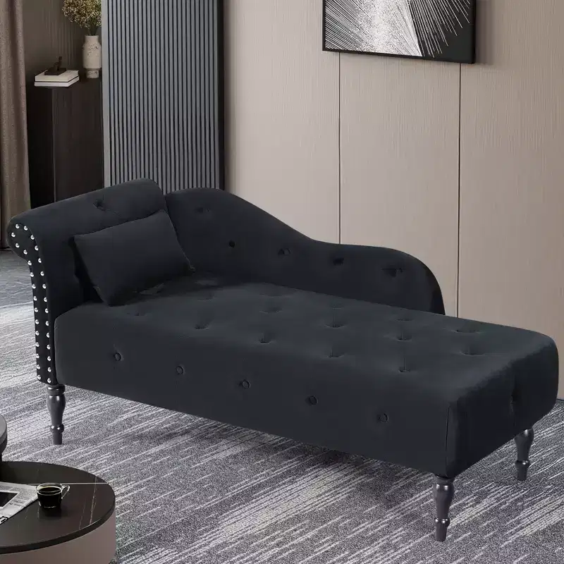 GDFStudio Aijia Modern 61 Wooden Velvet Upholstered Left Arm Chaise Lounge with Buttons Tufted Design and 1 Pillow