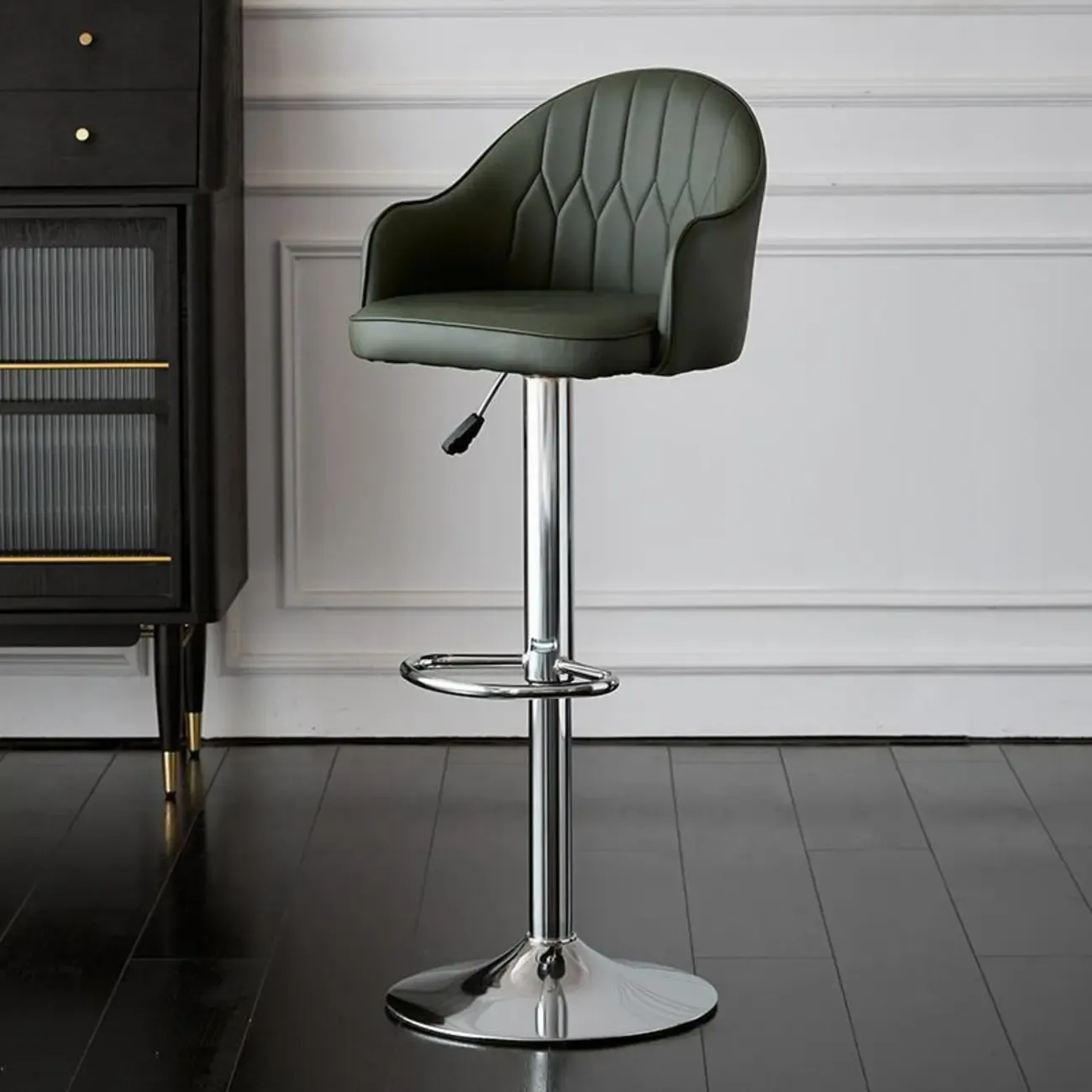 Swivel Upholstered Adjustable Height Home Armed Barstool with Metal Base