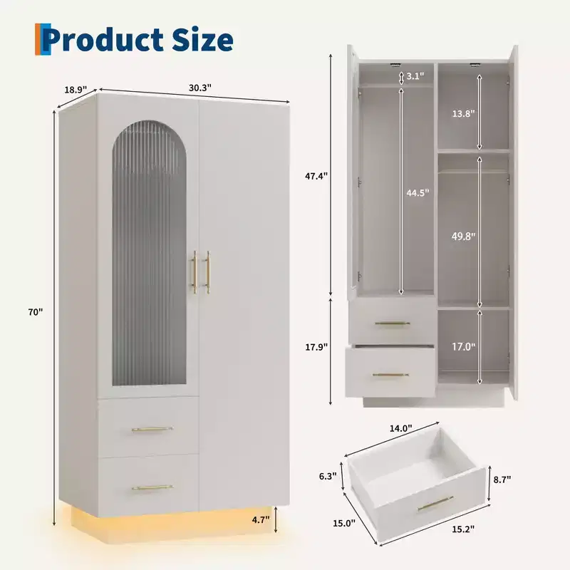2-Door Storage Cabinet with Fluted Glass Door, Large Wooden Storage Closet Cabinet, Hanging Rod, Adjustable Shelf, for Bedroom, Living Room