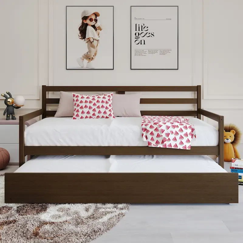 White/Walnut/Black/Light Oak/Antique Grey Railing-Style Twin Daybed with Trundle