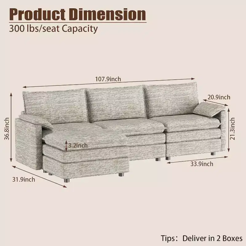 Acekool 108 Modular Sectional Sofa with Ottoman, Deep Seat Cloud Couch, Chenille, L-Shaped, for Living Room