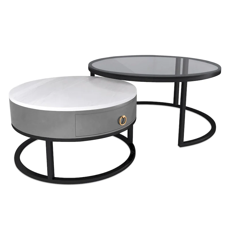 Modern Glass Waterproof Round Nesting Coffee Table with Drawer