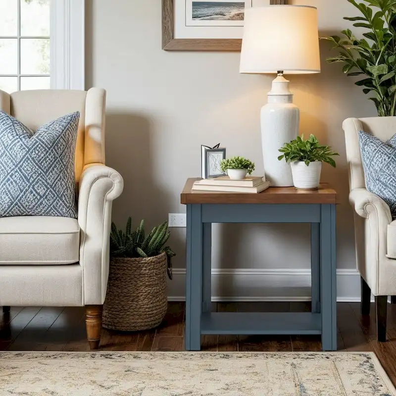 24-inch side table, no assembly required, blue denim and whiskey finish.