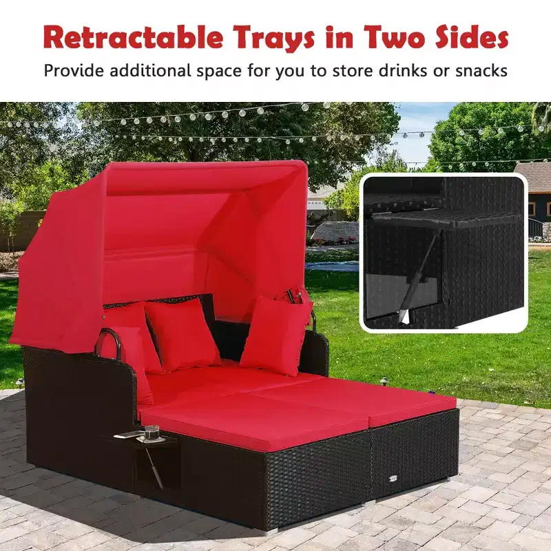Costway Patio Rattan Daybed Lounge Retractable Top Canopy Side Tables Cushions Off White/Red/Turquoise/Beige