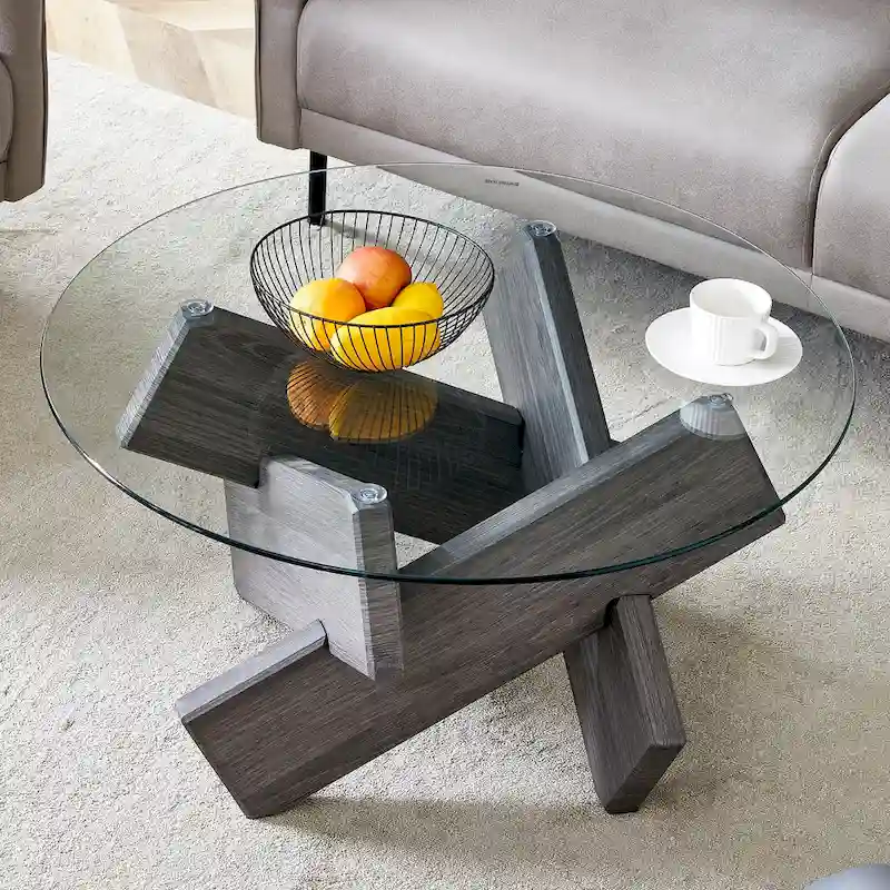 Round Glass Coffee Table with Tempered Glass Top and MDF Legs