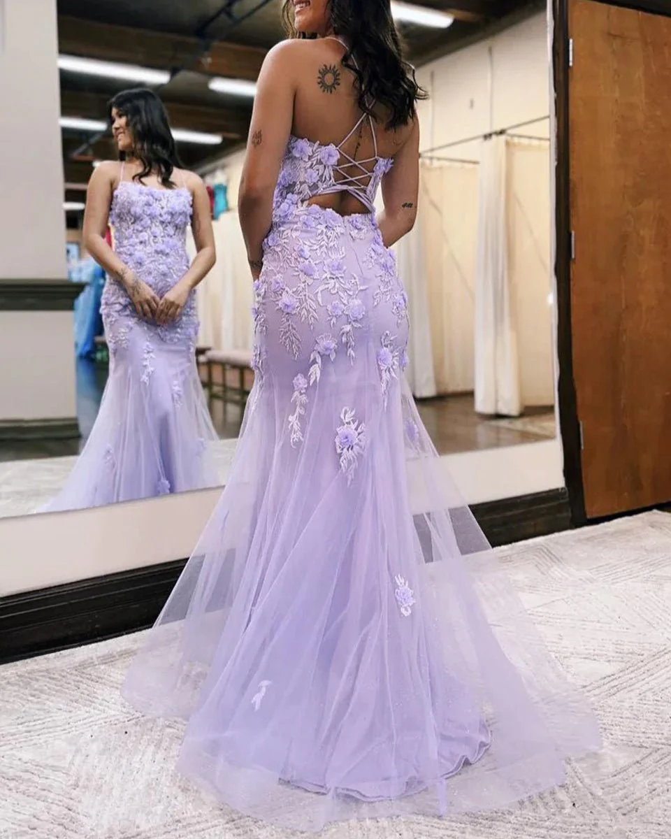 Lilac Mermaid Scoop Neck Prom Dress with Appliques