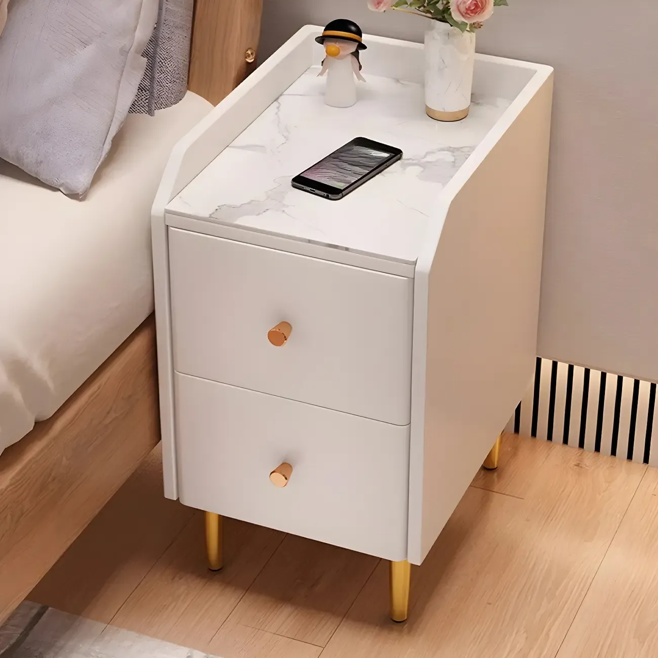 Narrow Faux Leather Drawer Nightstand with Stone Countertop