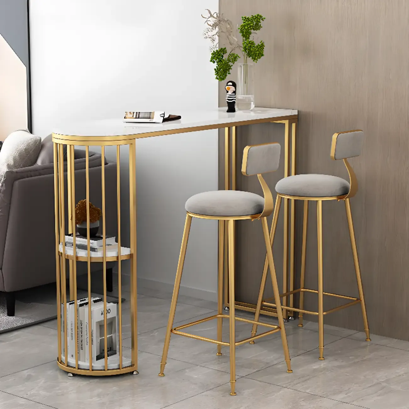 Modern Bistro Golden Bar Table Marble Top with 2 Shelves