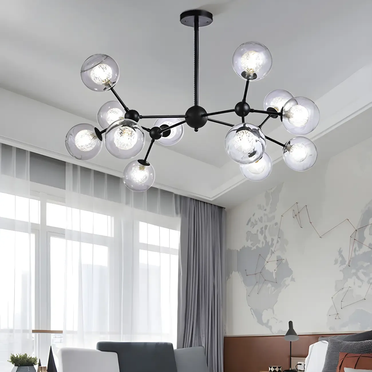 Modern Industrial Sputnik Black Glass 9-18 Light Chandelier