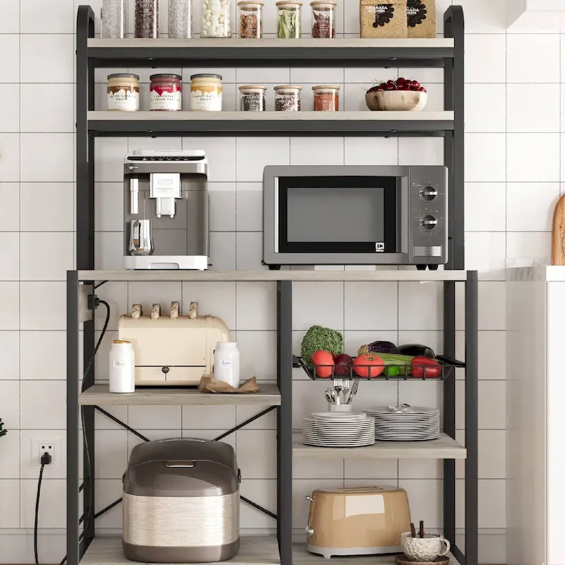 Kitchen Bakers Rack with Power Outlet, Wire Basket