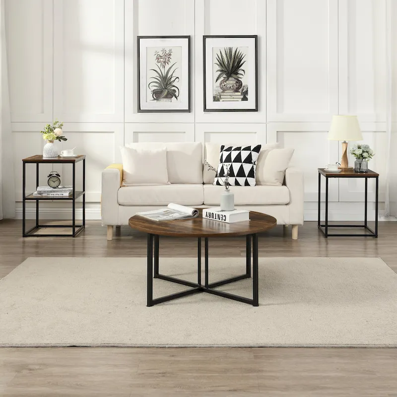 Myhozm 3-piece Round Coffee and Side Table Set with Open Shelves
