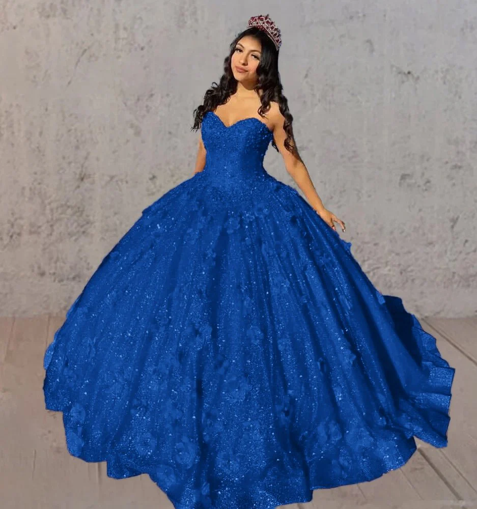 Red 3D Flowers Glitter Sequins Sleeveless Quinceanera Dresses