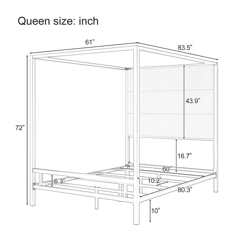 Sleek Modern Metal Canopy Bed with Tall Linen Upholstered Headboard
