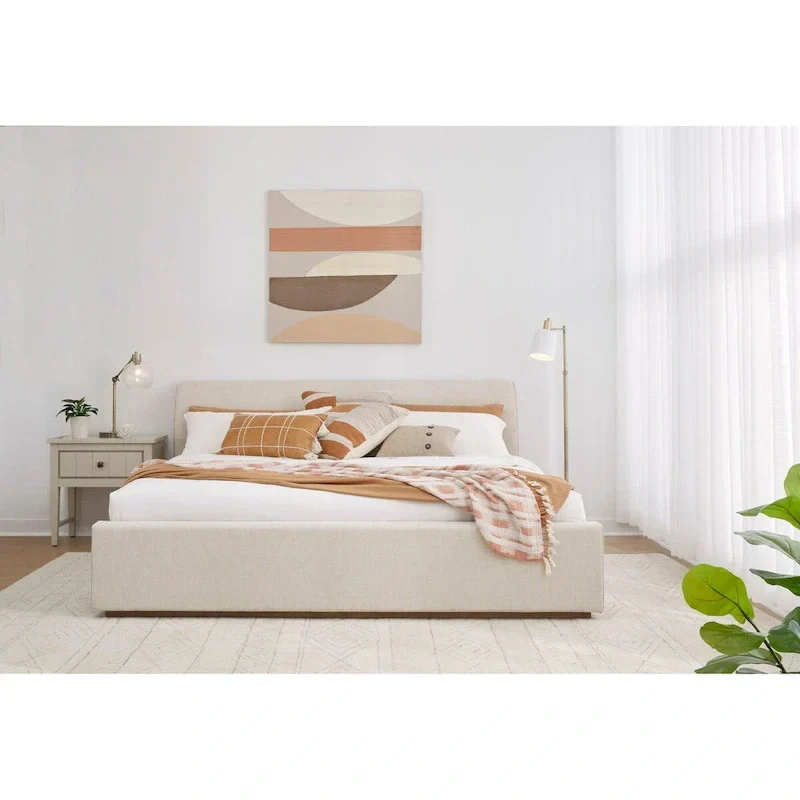 Natural Linen Upholstered Platform Bed - Queen Size