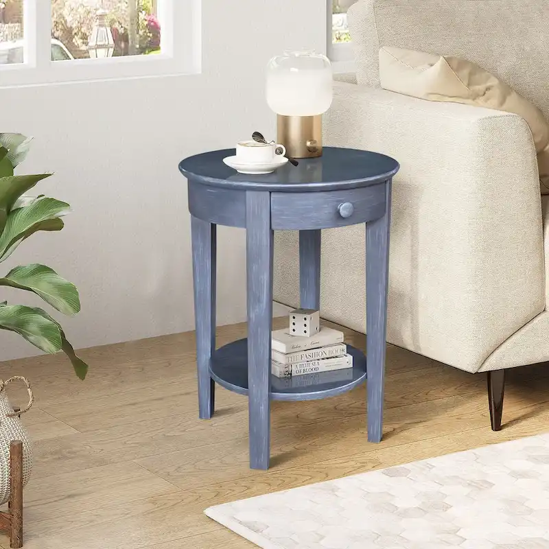 Unfinished / Grey / White / Black / Ocean Blue Solid Parawood Round Accent Table with Drawer and Lower Shelf