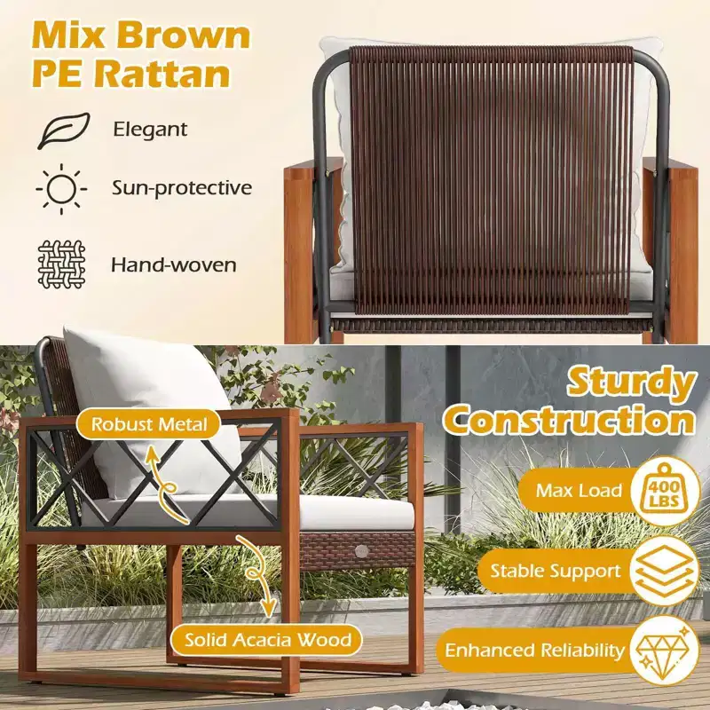 Costway 3 PCS Patio PE Wicker Furniture Set with Solid Acacia Wood Frame & Cushions