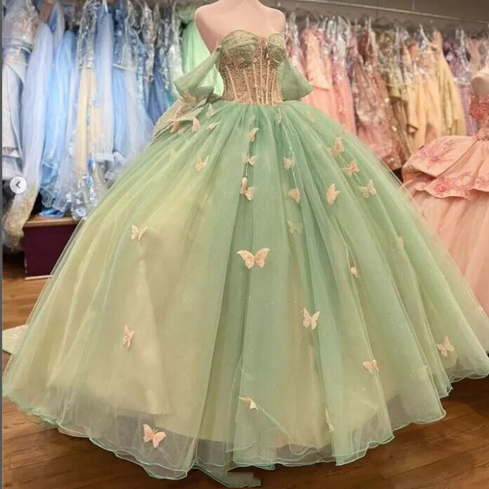 Ball Gown Sage Green Tulle Quinceanera Dress With Butterflies