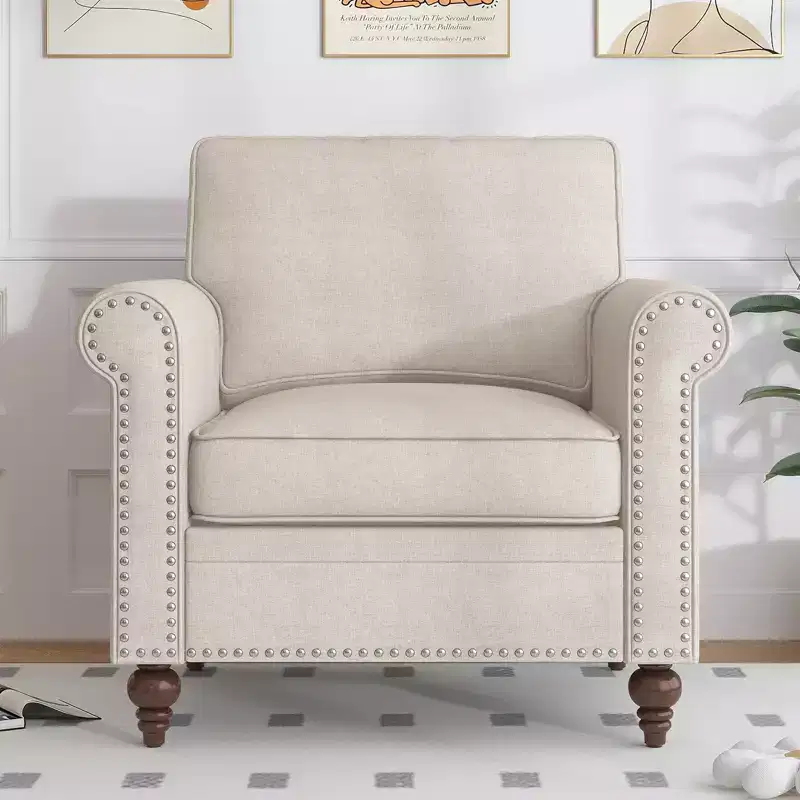 Mjkone Modern Rivet Design Accent Chair Linen Fabric Armchair Single Sofa,Mid Century 1-Seater Sofa Couch for Home/Office/Apartment