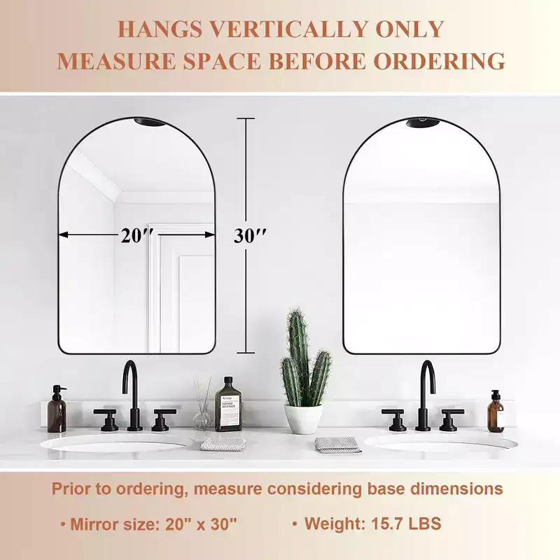 ANDY STAR Modern 20 x 30 Inch Arched Frame Wall Mounted Vanity Mirror w/ Steel Frame, No Distortion Floating Glass, & Pre Installed Hooks, Matte Black