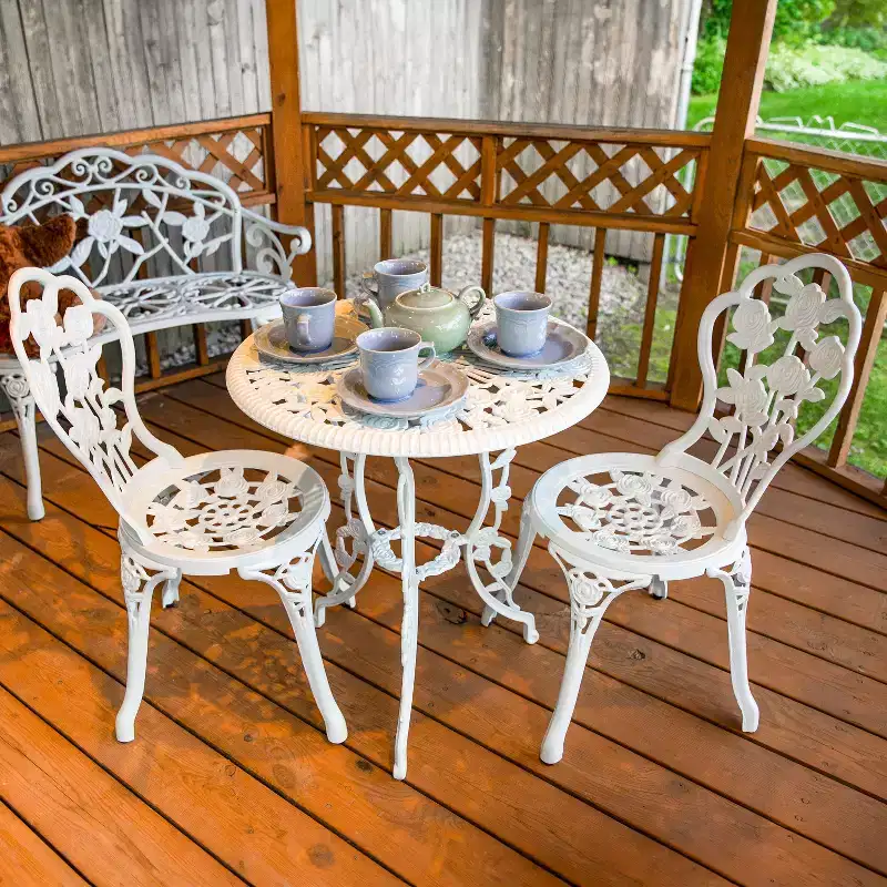 Sunnydaze Flower Design Cast Aluminum Bistro Set with Cast Iron Legs, White, 3pc