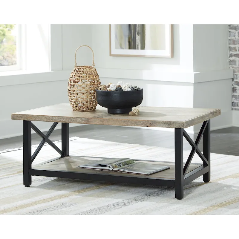 Brown/Black Coffee Table with Wood Top, Metal Frame – Seats 2-4