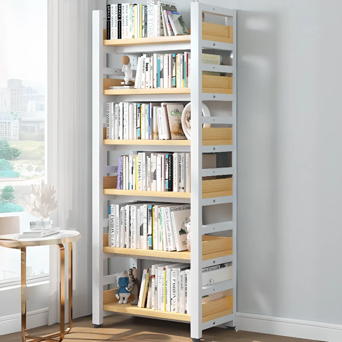 Freestanding Simple Multi-Layer Wood Bookshelf in Steel Frame