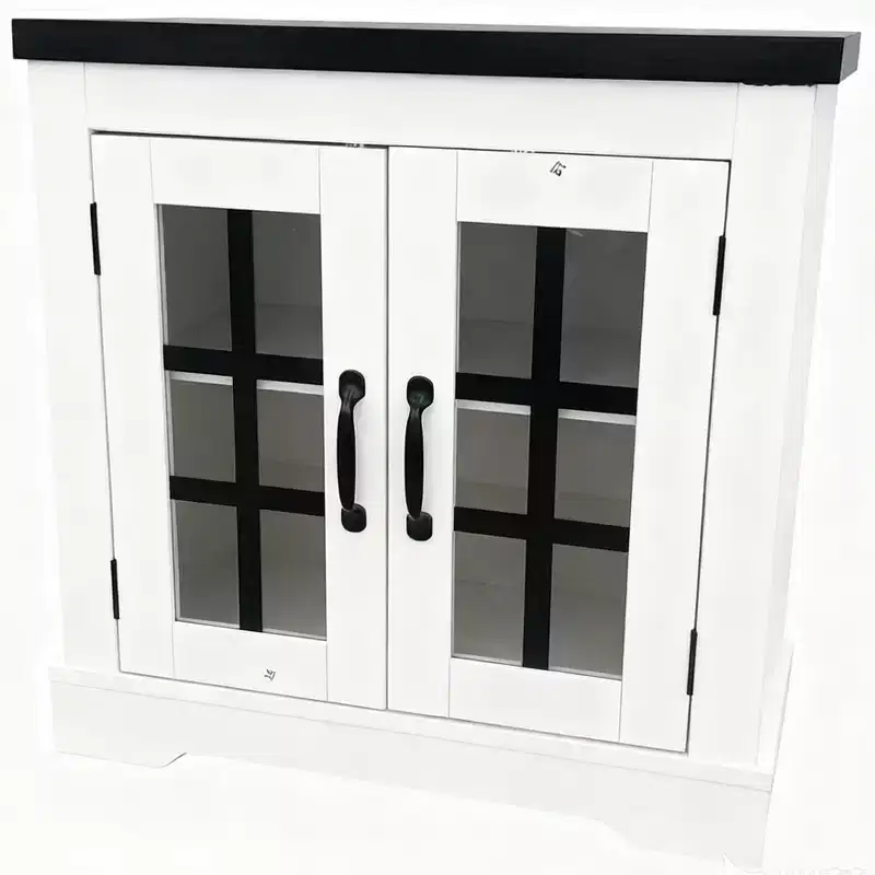 Buffet Cabinet with Storage, Sideboard Buffet with Glass Doors, Built-in Power Outlet, Black Relief Top Plate, for Kitchen, Coffee Bar, Pantry