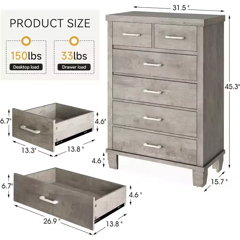 Acekool 6 Drawer Tall Dresser, Wooden Chest with Metal Handles, Storage Organizer for Bedroom, Closet, Living Room