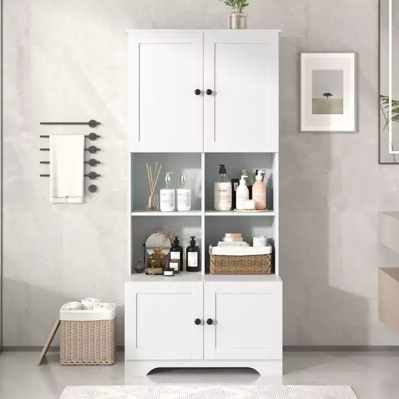 Okak 67 Inch Tall Bathroom Storage Cabinet, Large Freestanding Storage Cabinet with 4 Doors and Open Shelves