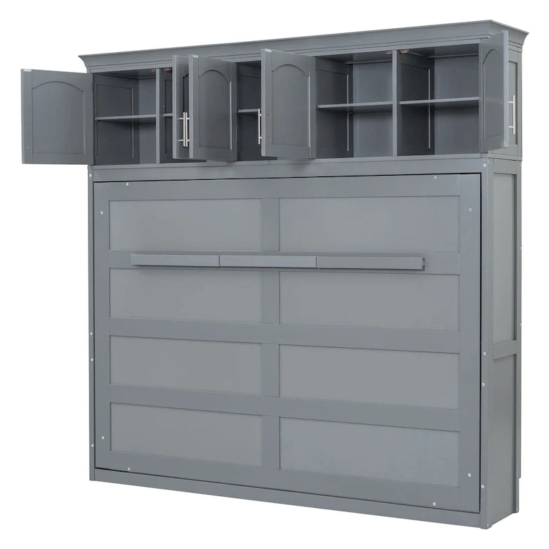Gray Queen Size Multifunction Murphy Bed with Top Cabinets – Space-Saving Wall Bed