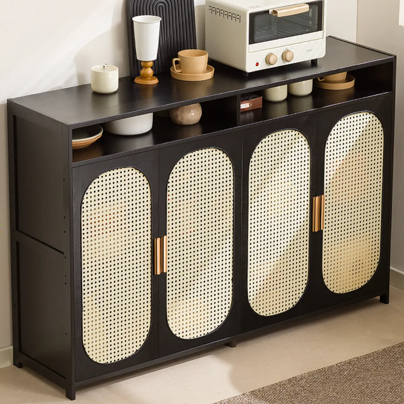 Narrow Rectangular Rattan Bamboo Sideboard with Open Shelf