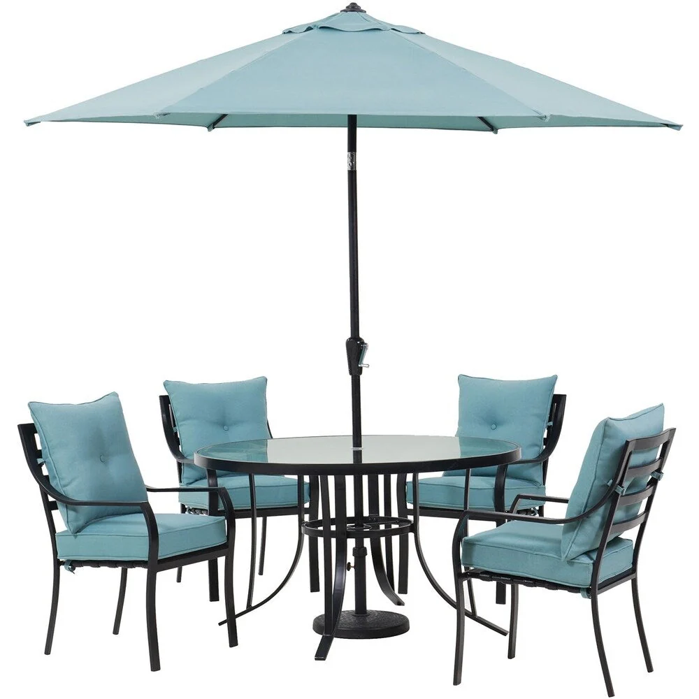 Hanover Lavallette 5-Piece Dining Set in Ocean Blue with 4 Stationary Chairs, 52-In. Round Glass-Top Table, Umbrella, and Base