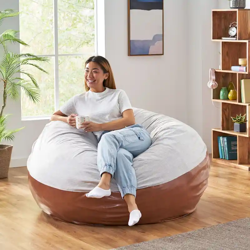 Two-Tone Bean Bag Chair, Fabric & Faux Leather, 1-Person (Beige / Light Gray / Black & Coffee Brown)