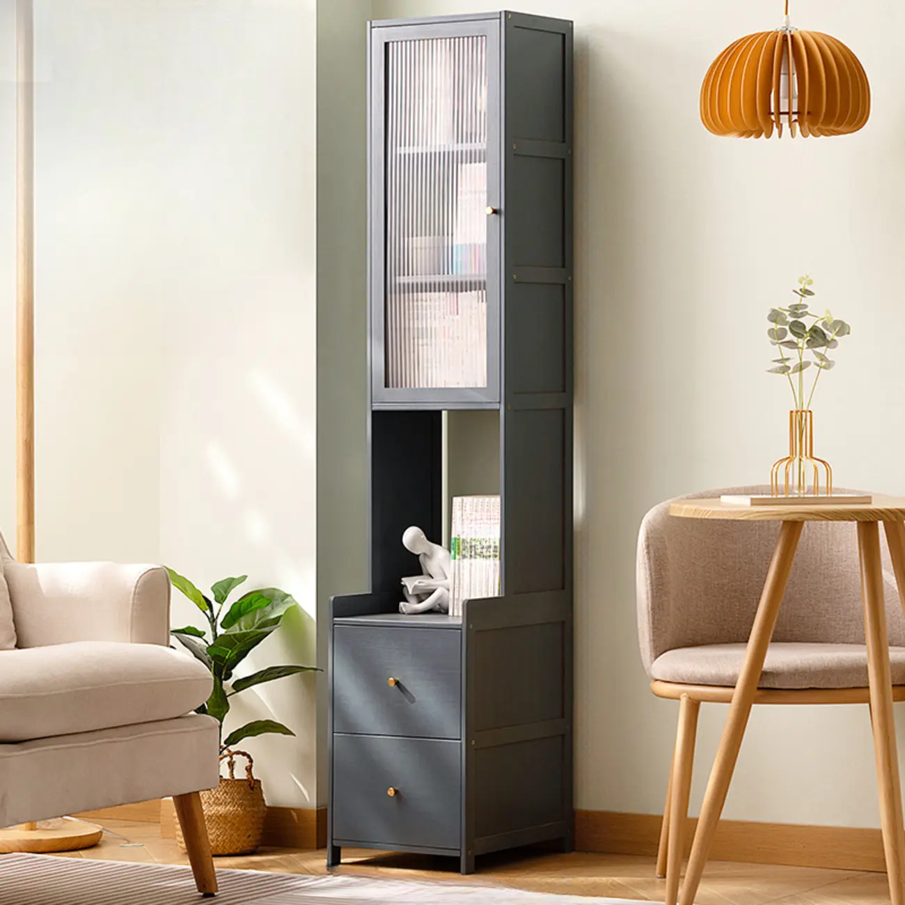 Modern Grey Bamboo 2 Drawers Bookcase with Doors