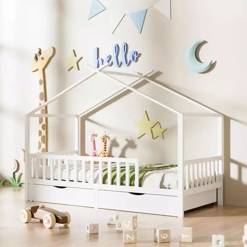 MAYEERTY White Full Kids House Bed Frame with Storage Drawers, Montessori Tent Bed with Rails Roof