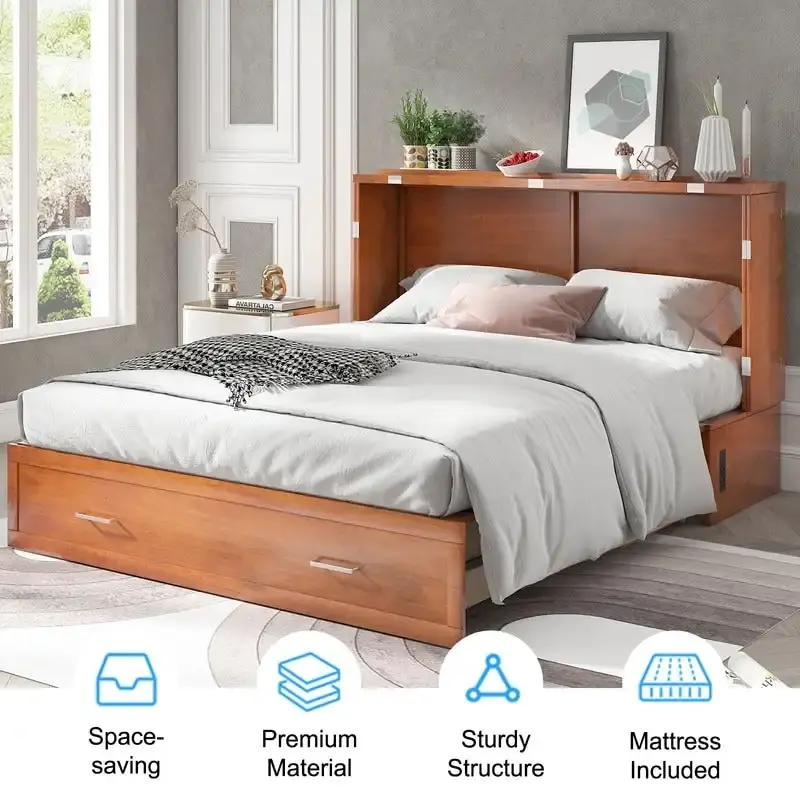 Mixoy Murphy Bed Cabinet Bed Chest with Mattress & Drawer