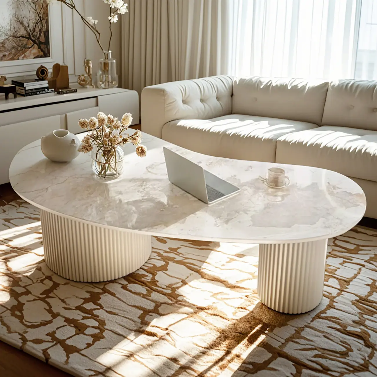 Minimalist Standard White Oval Coffee Table with 2 Drawers