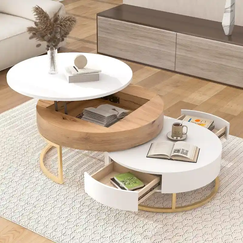 Modern Round Lift-top Nesting Coffee Tables with 2 Drawers