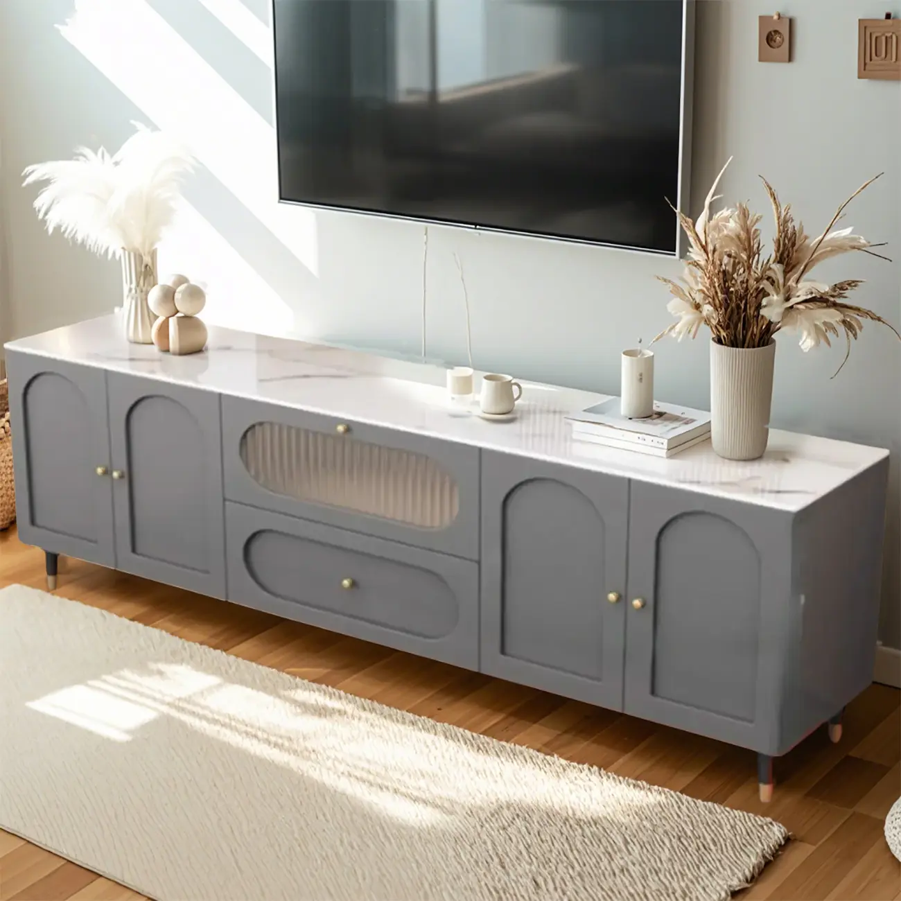63 Elegant Stone White TV Stand with Adjustable Shelves