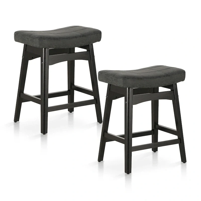 24 Inch Solid Wood Barstools with Linen / PU Leather Fabric Cushion, Set of 2
