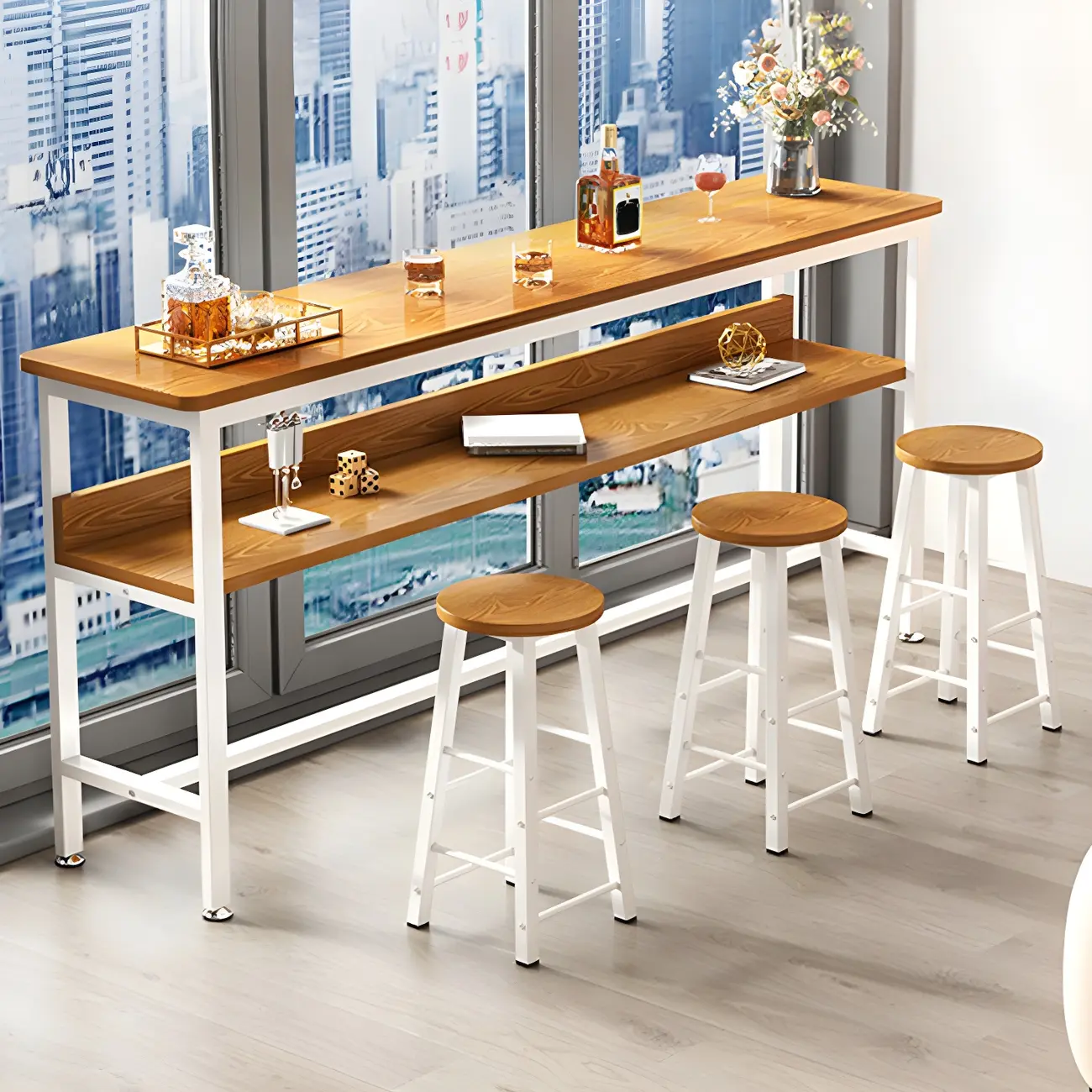 Modern Wooden Metal Base Shelf Bar Table with Footrest