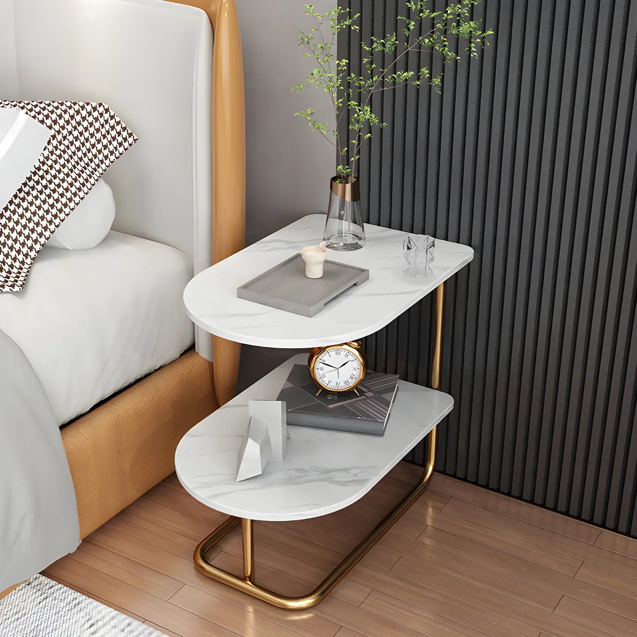 Stone Countertop Open Storage Metal Nightstand