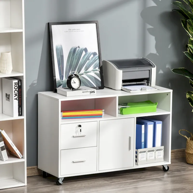 HOMCOM Printer Stand: Mobile Office Cabinet Organizer with Wheels and Drawer, White