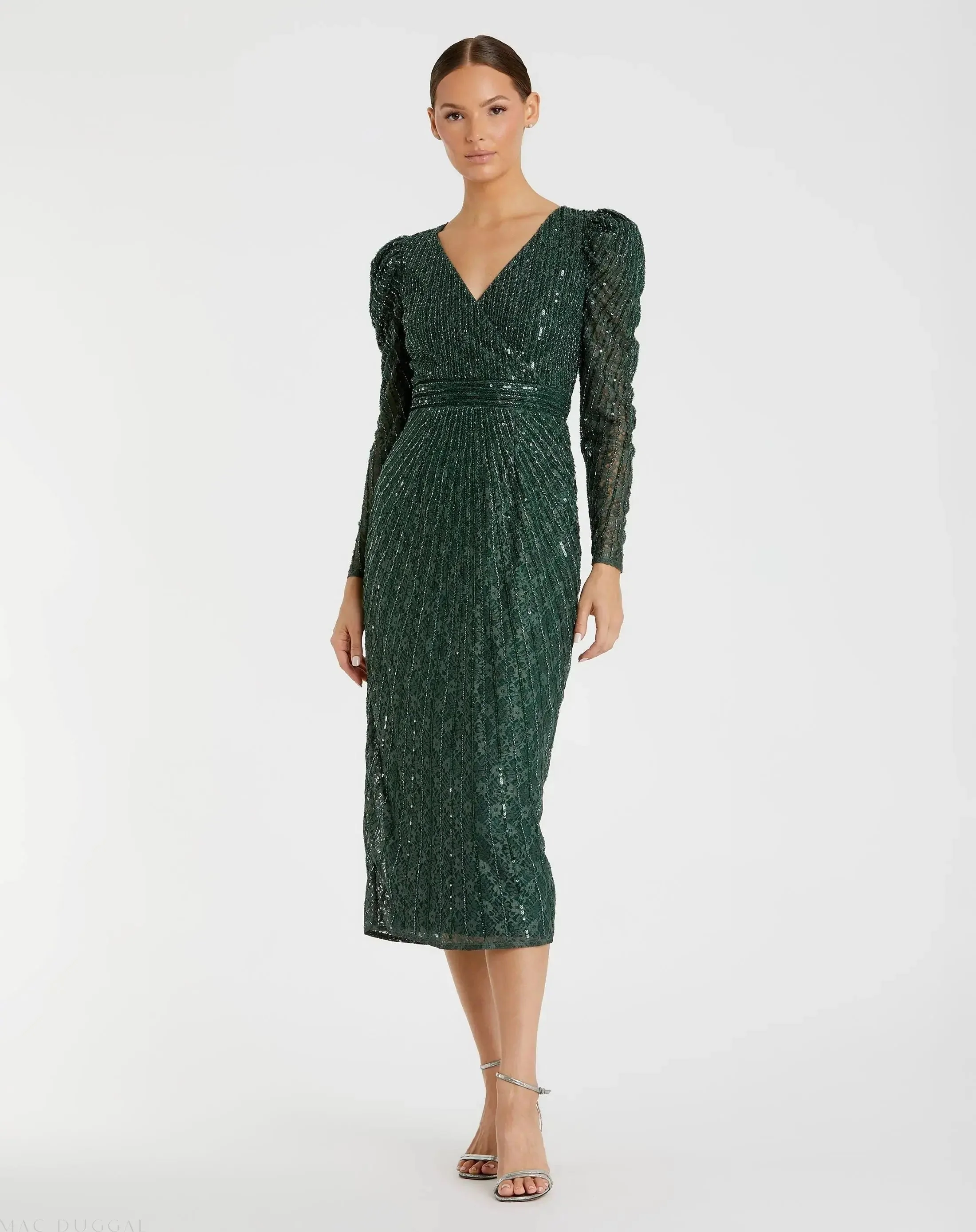 Beaded Lace Long Sleeve Midi Dress