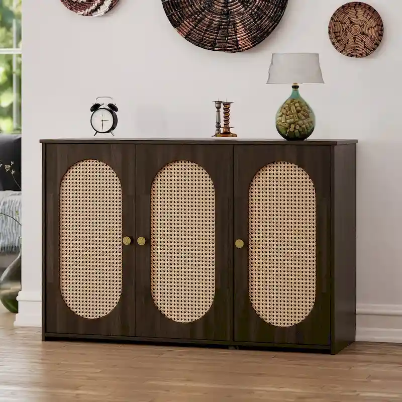 Retro 3-Door Sideboard with Rattan Doors and Metal Handles