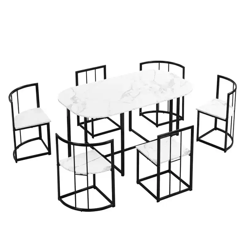 Modern 7-Piece Dining Table Set with Faux Marble Top and 6 Chairs 4N - ModernLuxe