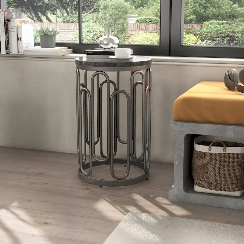Black Round Marble Top Iron Base End Table
