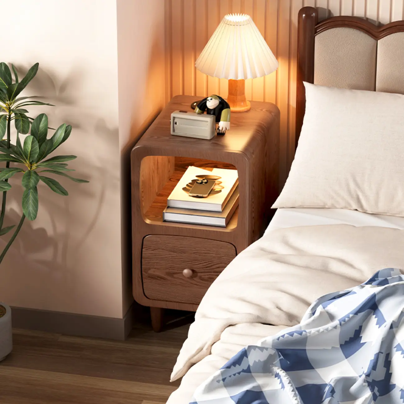 Modern Wood Small Nightstand Open Shelf and Drawer