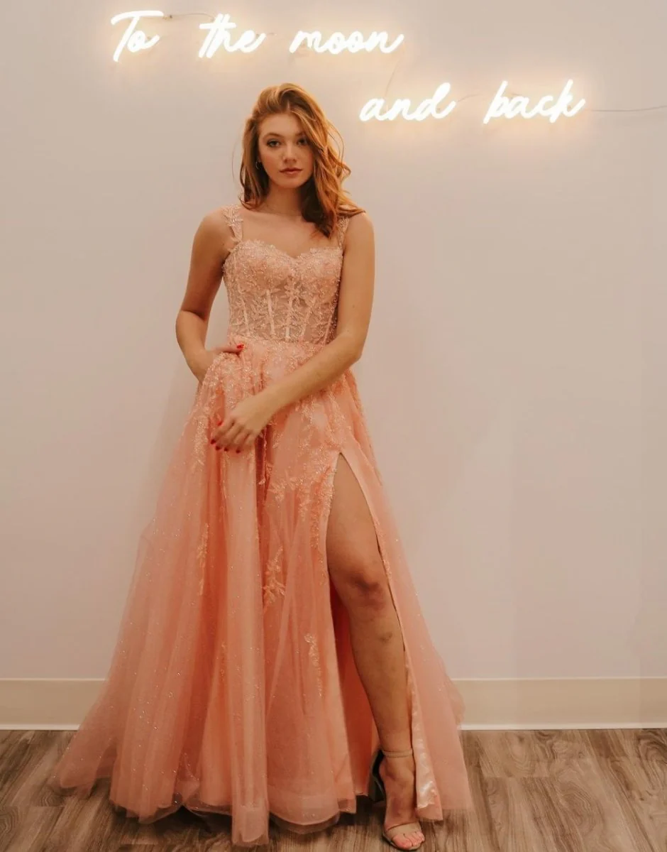A-Line Spaghetti Straps Glitter Tulle Prom Dress with Slit